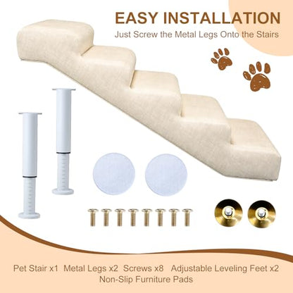 Adjustable Dog Stairs & Ramp for Cats and Dogs, 5-Step Pet Stairs for High Beds and Couch, 18.5"–23.6" Height, Linen Faux Leather, Waterproof, Scratch-Resistant, Non-Slip Indoor Pet Ramp