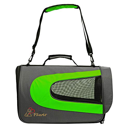 Pawer 18” x 11”x 11” Soft-Sided Foldable Airline Approved Pet Carrier for Cat, Puppy and Small Dog, Washable 600D Oxford Fabric, with Handle and Strap for Carry, Multiple Colors Available - color: Grey+Bright Green