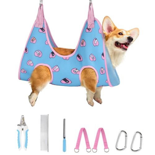 Supet Dog Grooming Hammock Harness for Dogs Cats, Relaxation Pet Nail Clipper Hammock, Restraint Dog & Medium Animal Leashes Sling for Groomingk for Nail Trimming (Blue-Love, M) - color: Blue-love, size: M（ Max 48 Lb：Leg space: 6.3"-13.5"）