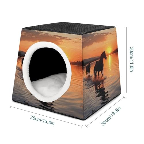 Collapsible Soft Dog Crate Pet Kennel Houses Sunsets Lake Horses Printed Lightweight Travel Crate Kennel Indoor & Outdoor, 13.8"x13.8"x11.8"