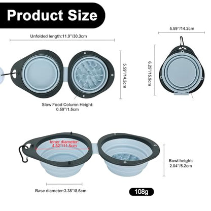 2-in-1 Blue Collapsible Dog Bowls with Carabiner | Foldable Water Bowl(320ml) Foldable Slow Food Bowl(130g) for Dogs Cats Travel Hiking Camping - color: Blue
