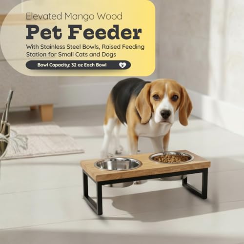 Elevated Dog Bowls, 4.5” Small Dogs/Cats Only Raised Bowl Mango Wood Stand, Food & Water 2 Stainless Steel Dishes Each 32oz/4Cup Capacity, Non-Slip Pet Feeder Station in Brown, toy Breeds - size: 4.5 Inches / 32oz 2 Bowl