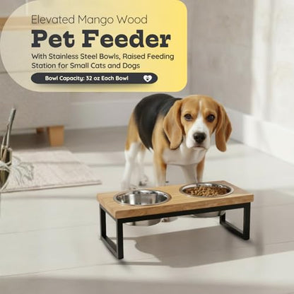 Elevated Dog Bowls, 4.5” Small Dogs/Cats Only Raised Bowl Mango Wood Stand, Food & Water 2 Stainless Steel Dishes Each 32oz/4Cup Capacity, Non-Slip Pet Feeder Station in Brown, toy Breeds - size: 4.5 Inches / 32oz 2 Bowl