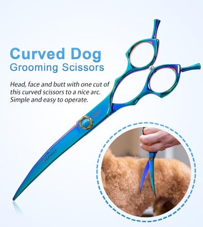 7.5'' Dog Curved Scissors for Grooming, Professional 440C Stainless Steel Pet Trimming Shears with Silent Buffer, Sharp Grooming Scissors for Sensitive Dogs, Cats, Face & Paws (Green) - style: Curved
