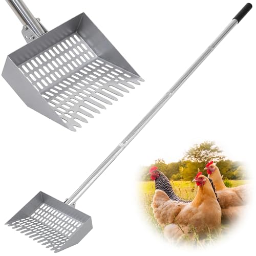 Chicken Poop Scooper Spring Steel Sifting Shovel with 3 Adjustable Angle, 38-66in Extendable Stainless Steel Handle, Professional Poultry Litter Cleaner for Chicken Coop, Duck, Goat & Sand - size: 9" W x 2.5" D