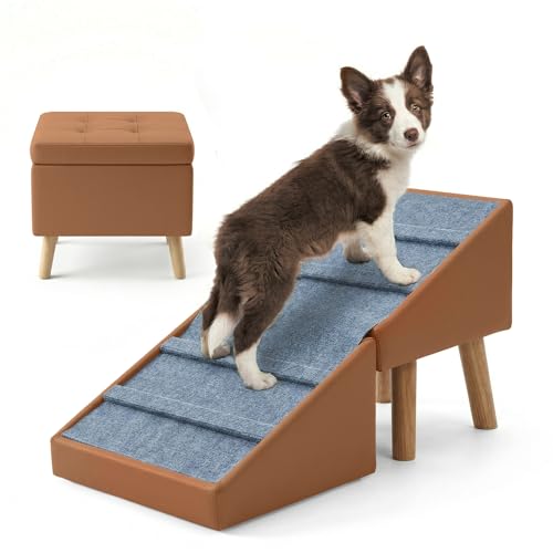 Dog Ramp & Stairs for Couch Sofas, 18.5" Extra Wide Pet Steps for Small Dogs, 15.7" H 3-in-1 Foldable Ottoman & Hidden Storage Design, Non-Slip Dog Ramp for Senior & Injured Pets (Camel) - color: Camel