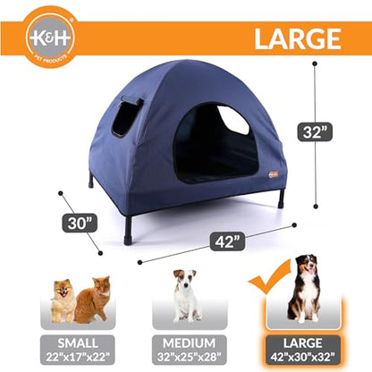 K&H Pet Products Pet Cot House for Large Dogs, Outdoor Elevated Dog Cot House, Enclosed Canopy, Window Flaps for Air Flow, Washable Cover, Raised Metal Frame, Collapsible - Large 42 X 30in Blue - size: Large 30 X 42 X 32 Inches