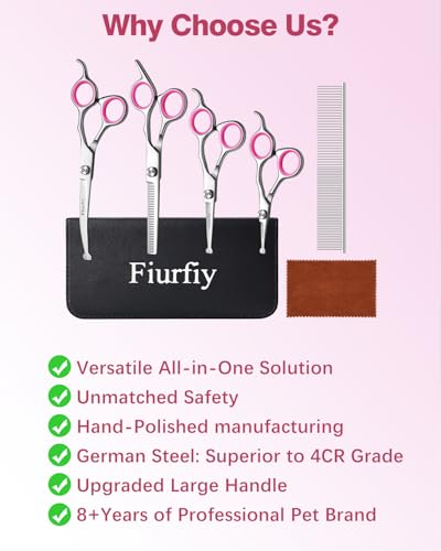 Furry Professional Pet Grooming Scissors with Safety Round Heads - 6 in 1 Curved Scissors for Dogs and Cats - color: Pink