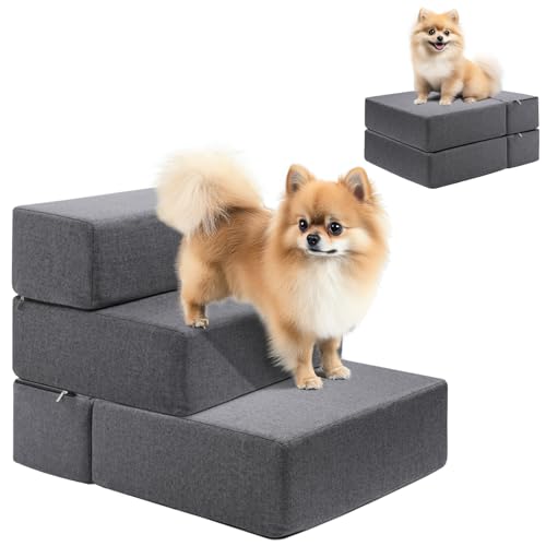Dog Stairs for Small Dogs 18" H, Modular 3-Step Dog Steps for Bed and Couch, Non-Slip Indoor Pet Stairs for Cats, Pet Step with Washable Cover Grey - size: 3-Step 18"D x 24"W x 18"H