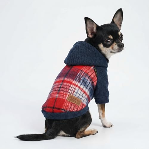 Fitwarm Tartan Plaid Dog Hoodie, Knitted Dog Clothes for Small Dogs Boy, Pet Sweater with Hood, Cat Fleece Lined Winter Outfit, Red, Navy Blue, Small - color: Red, size: Small