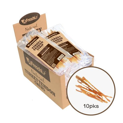 A Freschi srl Turkey Tendons for Dogs, USA-Sourced Human Grade, Rawhide-Free Long-Lasting Puppy Chews, All Natural Hypoallergenic Dog Treats for Small Breeds, Strips, 10 Pack Box - size: 10 Count (Pack of 1)