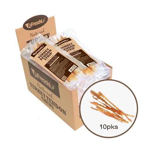 A Freschi srl Turkey Tendons for Dogs, USA-Sourced Human Grade, Rawhide-Free Long-Lasting Puppy Chews, All Natural Hypoallergenic Dog Treats for Small Breeds, Strips, 10 Pack Box - size: 10 Count (Pack of 1)