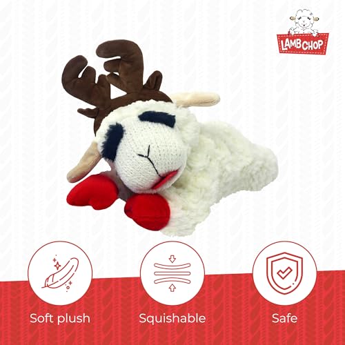 Multipet Lamb Chop Dog Plush Toy w/ Holiday Antlers - Squeaky Toy for All Dogs - Extra Soft Plush - Stuffed Animal for Cuddling & Playing (6”, Cream/Brown) - size: 6", style: Holiday Antlers