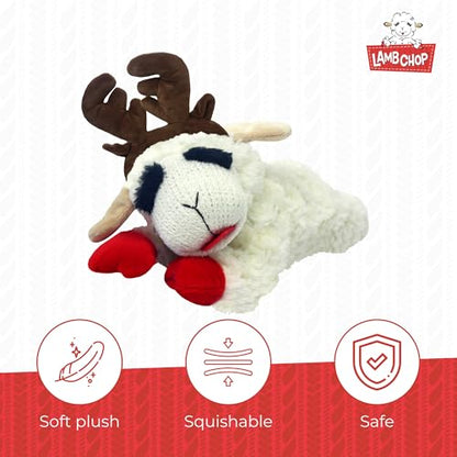 Multipet Lamb Chop Dog Plush Toy w/ Holiday Antlers - Squeaky Toy for All Dogs - Extra Soft Plush - Stuffed Animal for Cuddling & Playing (6”, Cream/Brown) - size: 6", style: Holiday Antlers