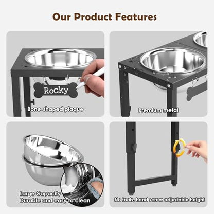 SHAINFUN Elevated Dog Bowls for Large Dogs, 3 Height Adjustable，Raised Tall Dog Food Water Bowl Stand with Two 101oz Bowls - color: Black-101oz