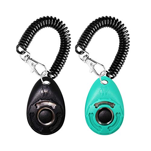 OYEFLY Dog Training Clicker with Wrist Strap Durable Lightweight Easy to Use, Pet Training Clicker for Cats Puppy Birds Horses. Perfect for Behavioral Training 2-Pack (Black and Water Lake Blue) - color: Black and Water lake blue