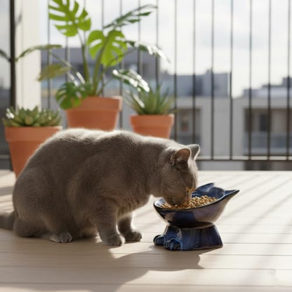 Nihow Slanted Elevated Cat Bowls: 5 Inch Ceramic Raised Cat Food Bowl for Protecting Pet's Spine - Microwave & Dishwasher Safe -Elegant Blue & Black (4.5 OZ /1 PC) - color: Blue & Black, size: 4.5 OZ