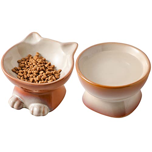 Nihow Elevated Cat Bowls,5 Inch Ceramic Raised Cat Food and Water Bowl Set | Slanted,Whisker Friendly,for Protecting Pet's Spine,Microwave & Dishwasher Safe ,Elegant Brown 4.5 OZ, Set of 2 - color: Brown, size: 4.5 OZ+8 OZ
