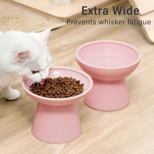 CEEFU 2 Elevated Cat Bowls Extra Wide for Food & Water – Whisker Fatigue, Ceramic Wide Shallow Food Dish, Lead & Cadmium Free, Raised Height for Cats, Pink - color: Pink