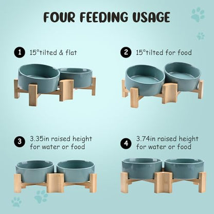 SPUNKYJUNKY 15° Slanted Ceramic Dog and Cat Bowl with Wooden Stand, Tilted Bulldog Food and Water Bowl No Slip Non-Spill for Cats Medium Dogs Big Face Pets 13.5 OZ (1.7 Cups, Light Green × 2) - color: Light Green, size: 1.7 CUPS × 2