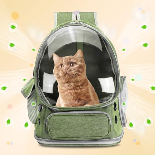 Pet Backpack Carrier, Portable and Ventilated, Oxford Cloth, Dog Cat Travel Bag with Transparent Cover 13.39", (Green, 1 Pcs), Intended for Hiking/Camping/Traveling - color: Green