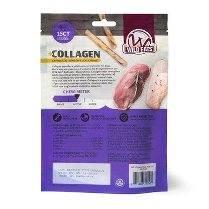 Wild Eats Real Duck Collagen Retriever Bully Sticks for Dogs, (15 Count), Long Lasting Dog Chews, No Hide Dog Treat Bully Stick Alternative, Rawhide Free, Low Fat, High Protein, Grain Free - size: 5.3 Ounce (Pack of 15)
