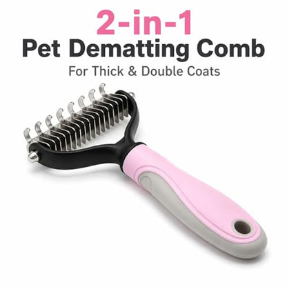 Pet Pro Grooming Tool, 2-In-1 Double-Sided Grooming Tool, Sided Deshedding Dematting Tool, Undercoat Rake for Dogs & Cats, Extra-Wide Dog Grooming Brush & Deshedder Comb for Long Hair(Blue + Pink)