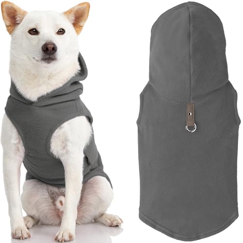 Gooby Fleece Vest Hoodie Dog Sweater - Gray, Small - Warm Pullover Dog Hoodie with O-Ring Leash for Small to Medium Dogs - color: Gray, size: Small (Around 6-lb)