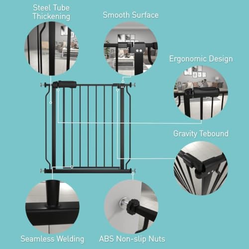 WAOWAO Baby Gate 146-158cm(57-62인치) 엑스트라 와이드 압력 장착 워크 스루 스윙 자동 닫힘 안전 블랙 메탈 유아 어린이 개 애완동물 강아지 계단, 출입구, 주방용 - color: 블랙., size: 57.48-62.20"/146-158cm