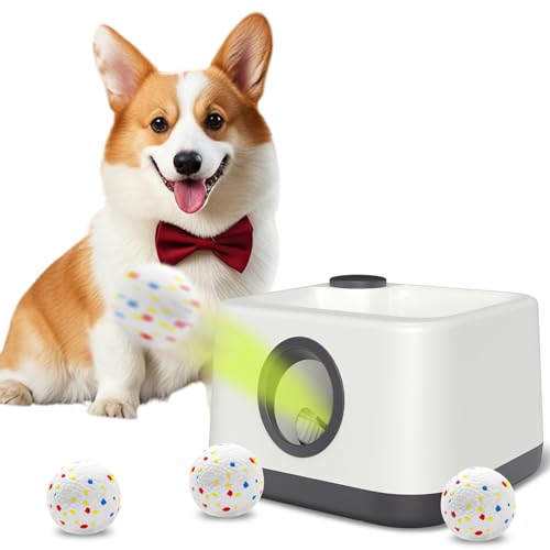 Automatic Dog Ball Launcher with Barking Function, Dual Modes (Auto/Manual) Interactive Dog Fetch Toy with 4 Adjustable Distances, Dog Balls Thrower for Small & Medium Dogs, with 4 Durable ETPU Balls - color: White and Gray
