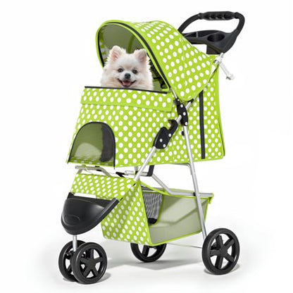 MoNiBloom 3 Wheels Pet Dog Cat Stroller for Small Medium Dogs Cats, Foldable Jogger Stroller w/Storage Basket and Cup Holder, Lawn Green Polka Dots - color: Lawn Green Polka Dots