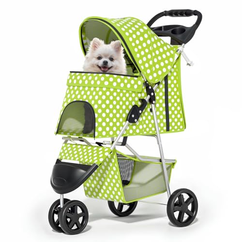 MoNiBloom 3 Wheels Pet Dog Cat Stroller for Small Medium Dogs Cats, Foldable Jogger Stroller w/Storage Basket and Cup Holder, Lawn Green Polka Dots - color: Lawn Green Polka Dots