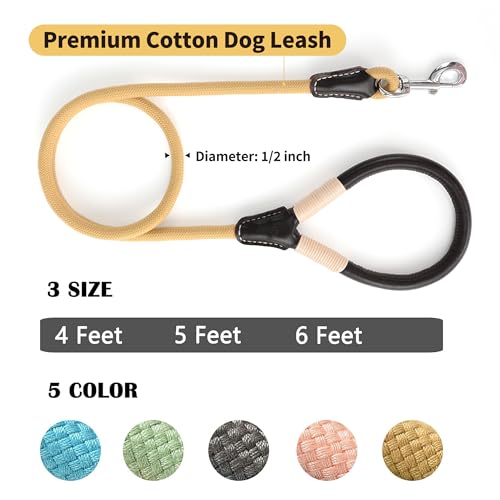 Mile High Life Dog Leash, Rope Leash with Genuine Leather Handle and Heavy Duty Metal Clasp, Great for Small Medium Large Dogs (Yellow, 4FT) - color: Leather Handle-Yellow, size: 48 Inch-1/2"