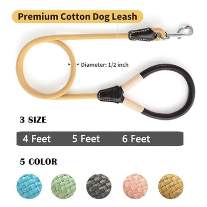 Mile High Life Dog Leash, Rope Leash with Genuine Leather Handle and Heavy Duty Metal Clasp, Great for Small Medium Large Dogs (Yellow, 4FT) - color: Leather Handle-Yellow, size: 48 Inch-1/2"