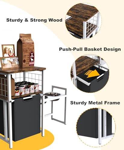 30.6Long x 26.2 High Elevated Dog Bowl Stand with Pet Food Storage Organizer, Adjustable Raised Feeding Station with Toy Basket for Large Medium Small Dogs and Cats, White - color: White