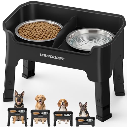 URPOWER Mess Proof Elevated Dog Bowls, High Wall Splash Guard Design, 4 Height Adjustable Raised Bowl Stand, 2 Stainless Steel Bowls, Non-Slip Food Water Set for Small Medium Large Dogs - color: Black, size: Medium