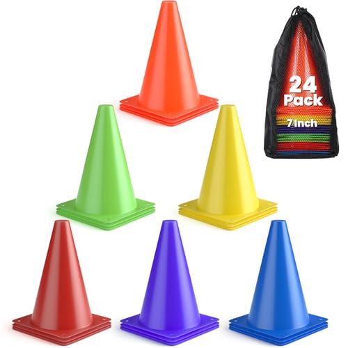 GHB Soccer Cones 7" 9" of 12 24 Pack Disc Soccer Sport Cones Training Field Marker Agility Cones for Basketball, Coaching, Practice Equipment Includes Drills Guide - color: 7" 24Pcs multicolor