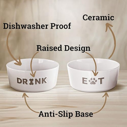 Ceramic Dog Bowl Set of 2 w/ Anti-Skid Base 6.5"W x 2.5"H, 3.8 Cup Capacity | Thick Ceramic, Dishwasher Safe, Anti-Skid Rubber Base, 3.8 Cups per Bowl, Ceramic Food & Water Bowls Set of 2 for Medium Dogs - color: Gray, size: Medium 6.5"