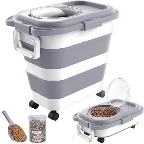 HOYTAMDAR 25-28lbs Dog Food Storage Container, Collapsible Dog Food Container, Wheels, Handle, Airtight Pet Food Storage Container, Scoop, Small Dry Container For Dog Cat Bird Food - color: Grey-28lbs