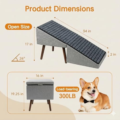 2-in-1 Dog Ramp and Stairs for Bed and Couch, 17 Inch High,Foldable Ottoman Ramp with Non-Slip Replaceable Carpet, Joint Relief for Small and Large Dogs - color: Gray