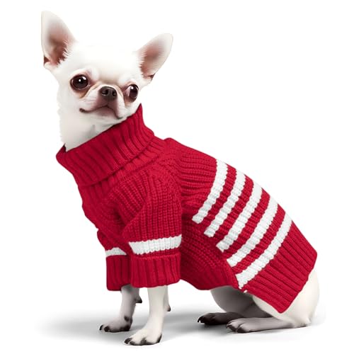 Haloumoning Small Dog Pullover Sweater, Striped Knitted Pet Sweaters for Fall Winter Dog Clothes, Turtleneck Thick Warm Clothes for Small Medium Large Dogs - color: Red, size: X-Large