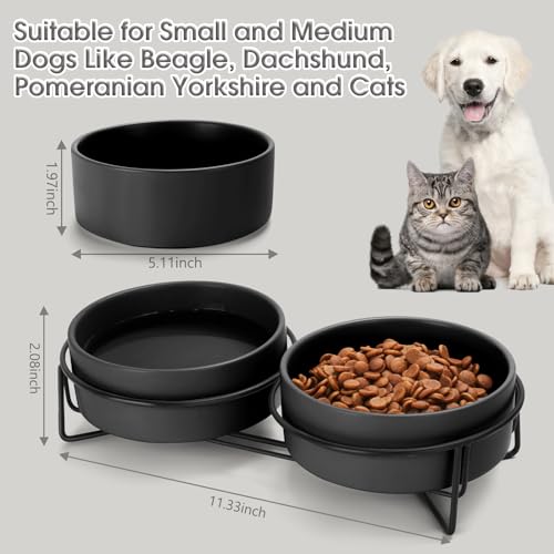 Ceramic Dog and Cat Bowl Set with Stand, 1.7 Cups Dog Food and Water Bowl Suitable for Small and Medium Pets (13.5oz Black) - color: Black, size: 13.5oz