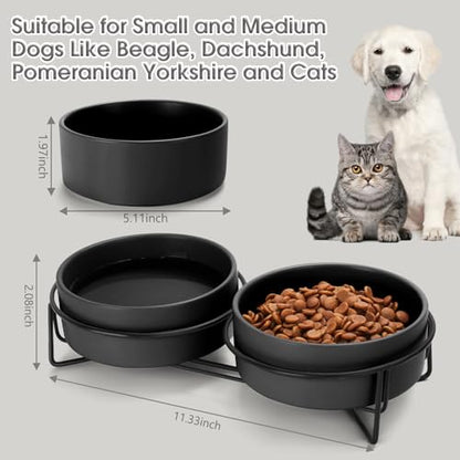 Ceramic Dog and Cat Bowl Set with Stand, 1.7 Cups Dog Food and Water Bowl Suitable for Small and Medium Pets (13.5oz Black) - color: Black, size: 13.5oz