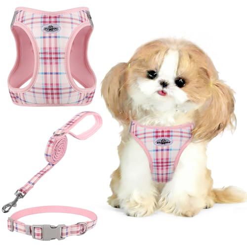 Gyuzh No Pull Dog Harness - 3-in-1 Step in Harness Collar Leash Set for Small Dog Walking & Training, Easy Walk Style, Lightweight Plaid Vest (Pink, M) - color: Pink, size: M