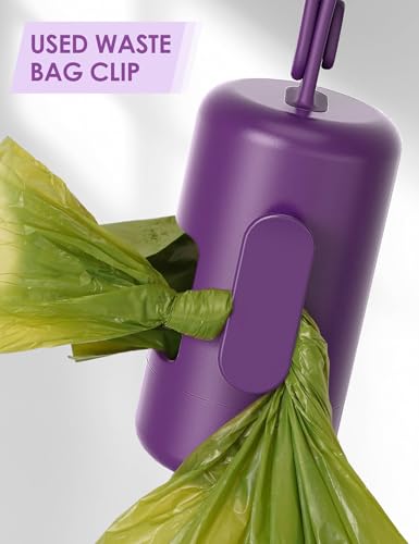 Gobeigo Dog Poop Bag Holder【Convenient Hook for Used Bags】【Silicone Strap Fits Any Leash】【Large Opening for Easy Dispensing】with 1 Roll Waste Bags (Purple) - color: Purple