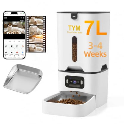Automatic Cat Feeder with Camera, 5G WiFi Food Dispenser for Small Pets | Two-way Voice | Night Vision | Separation Anxiety | Weight / Diet Control | Programmable Timer | APP Remote Control - color: White-1c