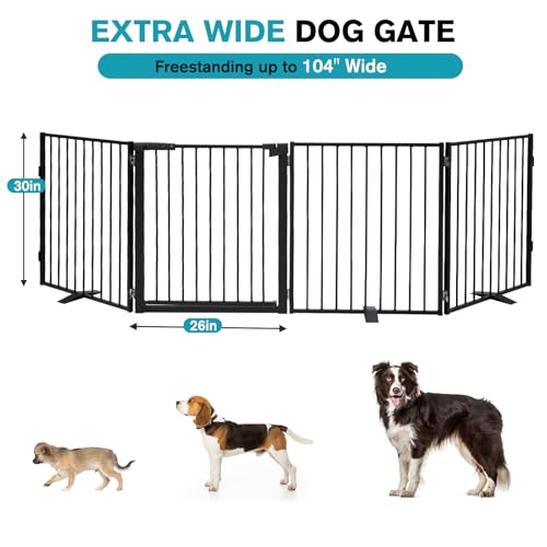 Snagle Paw Extra Wide Dog Gate,Free Standing Dog Fence with Door, Up to 104 Inch Wide Pet Gate with Support Feet for Stairs, Hallways, Doorways, Yard (Black, 4 Panels) - size: Up to 104" W, 4 Panels, Black