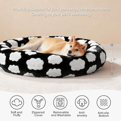 JOEJOY Donut Dog Bed Medium Size Dog, Cute Round Calming Pet Bed with Removable Washable Cover, Orthopedic Puppy Bed with Jacquard Shaggy Plush & Non Skid Bottom - color: Black, size: M (30x30x8)