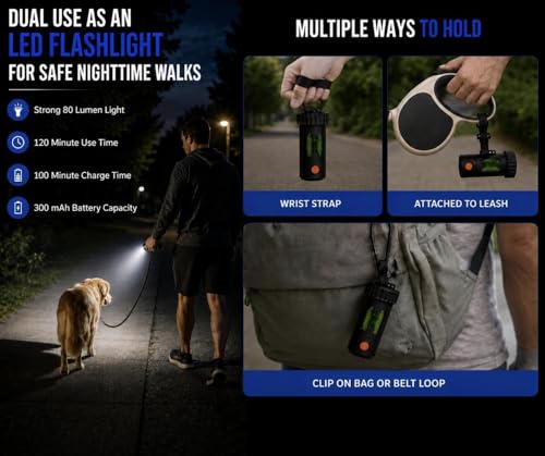 Poop Bag Holder With LED Flashlight USB-C Rechargeable No Batteries Needed Unique Retracting Function Compact Durable Lightweight Includes 15 bags and Charging Cable