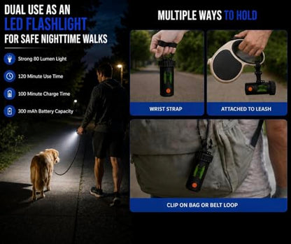 Poop Bag Holder With LED Flashlight USB-C Rechargeable No Batteries Needed Unique Retracting Function Compact Durable Lightweight Includes 15 bags and Charging Cable